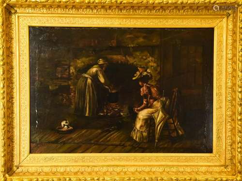 Antique Interior Genre Scene Oil Painting