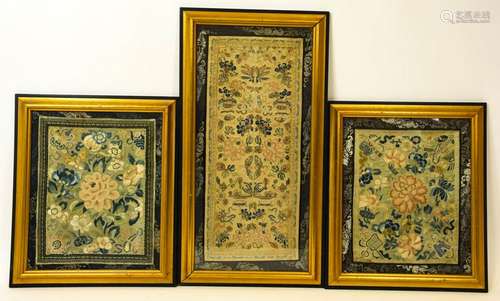 3 Asian Silk Embroidery Panels Framed