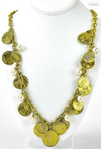 Vintage Gilt Metal Faux Pearl & Faux Coin Necklace