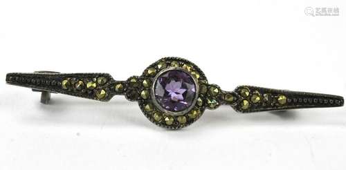 Art Deco Sterling Amethyst & Marcasite Bar Brooch