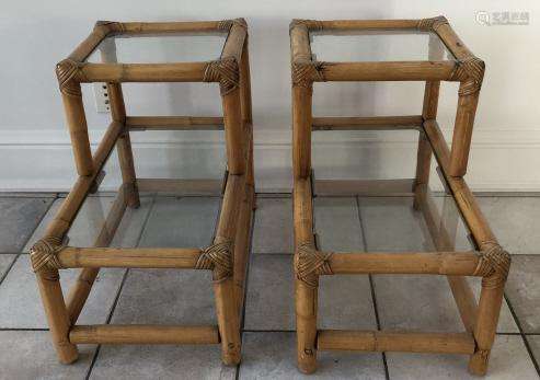Pair Bamboo & Glass Top Step Back End Tables
