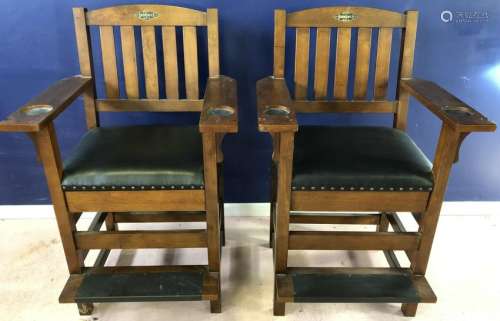 Pair Brunswick Slat Back Leather Seat Bar Stools