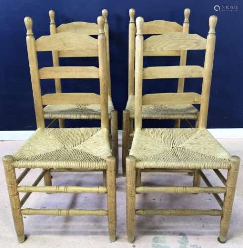 4 Pine and Rush Seated Dining Chairs