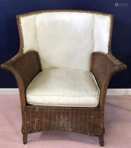 Antique Wicker Upholstered Wing Back Chair
