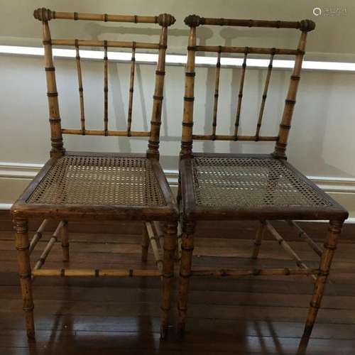 Pair Plantation Style Bamboo & Caned Side Chairs