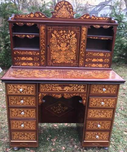 Heavily Inlaid Veneer Multi-Drawer Writing Desk