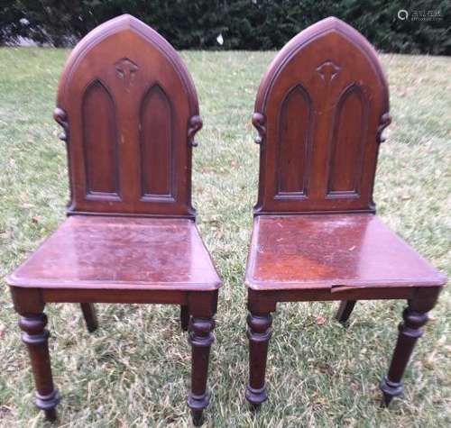 Pair Gothic Revival Style Walnut Wood Side Chairs