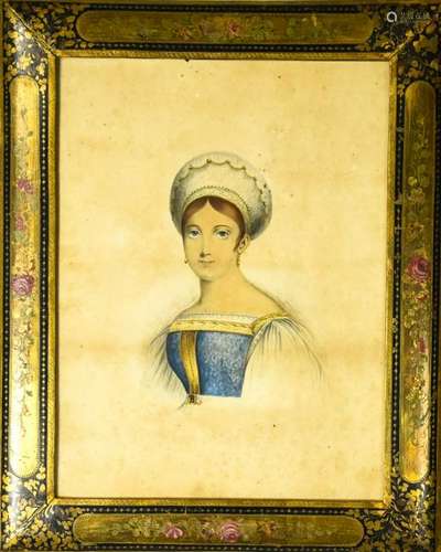 19th C Hand Painted Paper Mache Frame & Portrait