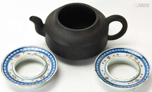 Chinese Stoneware Teapot & 2 Porcelain Inserts