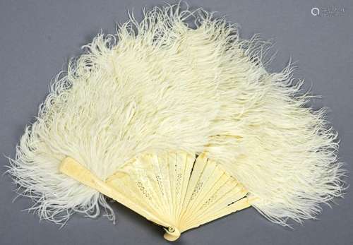 Antique Fan Carved Ox Bone & Ostrich Plume Feather