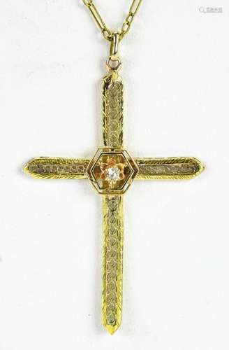 Estate 14kt Gold Chain w Diamond Filigree Cross