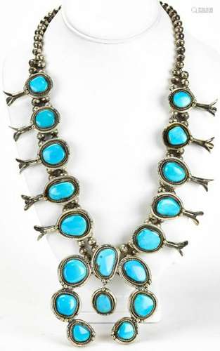 Vintage Silver & Turquoise Squash Blossom Necklace