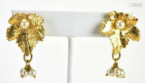 Estate 14kt Yellow Gold & Pearl Cluster Earrings