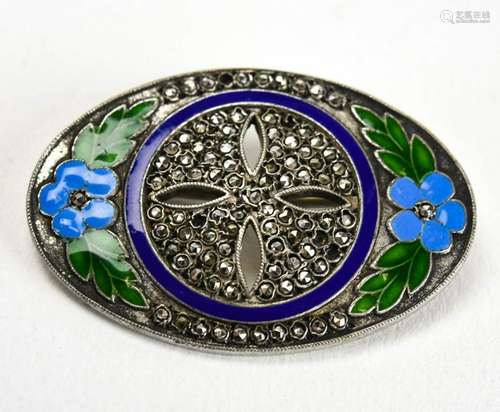 Antique Art Deco Sterling Enamel Marcasite Brooch