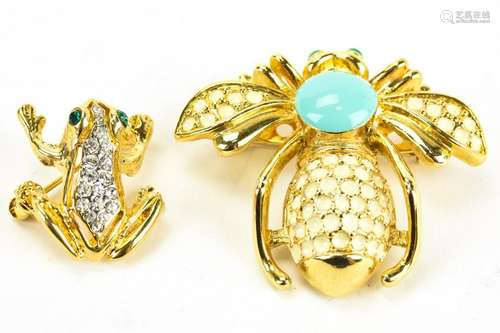 Gilt Metal Enamel & Rhinestone Frog & Bee Brooches