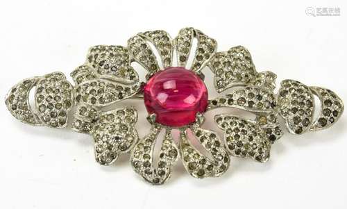 Vintage Ruby Paste Cabochon & Rhinestone Brooch