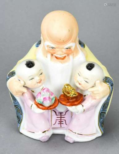 Chinese Porcelain Scholar w Two Children Statue
