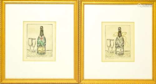 2 Joanne Isaac Hand Colored Etchings Moet Bottles