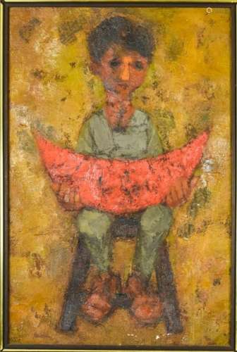 Early 20th C Oil Painting Boy + Watermelon Signed
