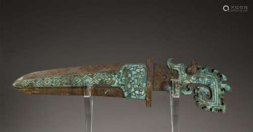 AN OLD TURQUOISE INLAID BRONZE SWORD