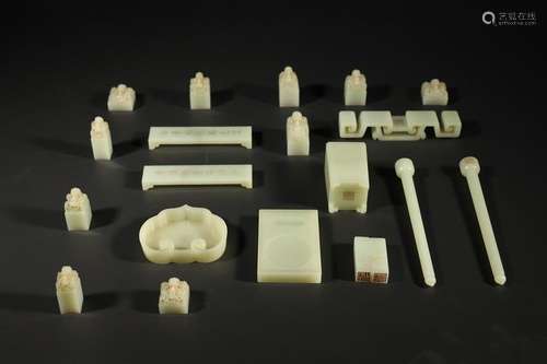 A NICE PALE CELADON JADE CARVED SCHOLAR WRITING SET