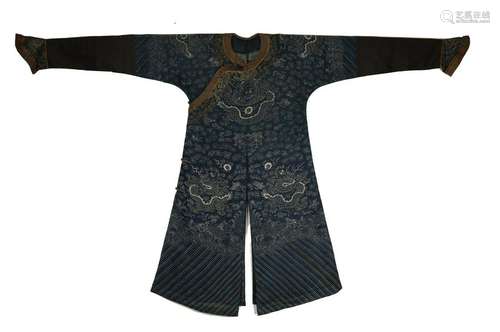 QING DYNASTY BLUE GROUND EMBROIDED SILK ROBE