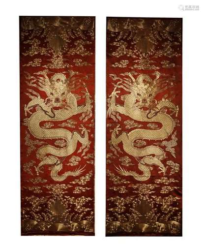 RARE PAIR OF EMBROIDED SILK/KESI HANGING PANELS