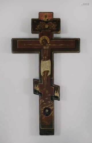 Ikonenkreuz, Russland, Anf. 19. Jh., Holz, Tempera auf Kreidegrund, partielle Vergoldung, Maße: 32 x