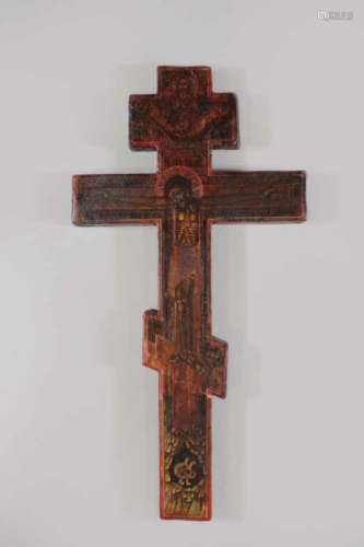 Ikonenkreuz, Russland 18. / 19. Jh., Holz, Tempera auf Kreidegrund, Maße: 30,5 x 15,5 cm,