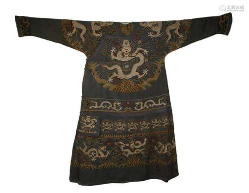 QING DYNASTY BLUE GROUND EMBROIDED SILK/KESI  ROBE