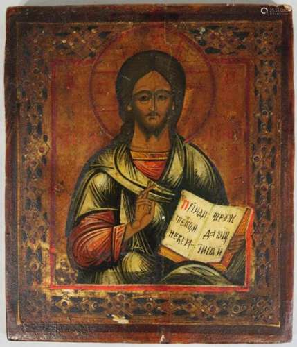 Christus Pantokrator, kleine Ikone, Russland, 18. / 19. Jh., Holztafel mit einem Rückseitensponki,