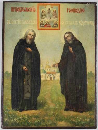 Patronatsikone mit den Heiligen Sergij von Walaam und Herrmann dem Wundertäter, Russland, 19. Jh.,