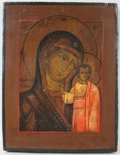 Gottesmutter von Kasan, Ikone, Russland, 18. / 19. Jh., Holztafel mit einem Rückseitensponki (