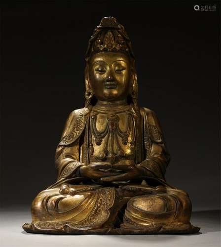 ANTIQUE GILT BRONZE FIGURE OF SEATED GUANYING