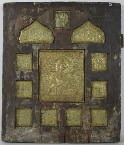 Staurothek- Ikone, Russland, 19. Jh., 2 Bronzegussikonen in Holztafel (ursprünglich Ikone mit