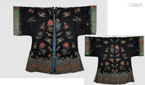 A BLACK GROUND EMBROIDERED SILK LADY'S ROBE QING