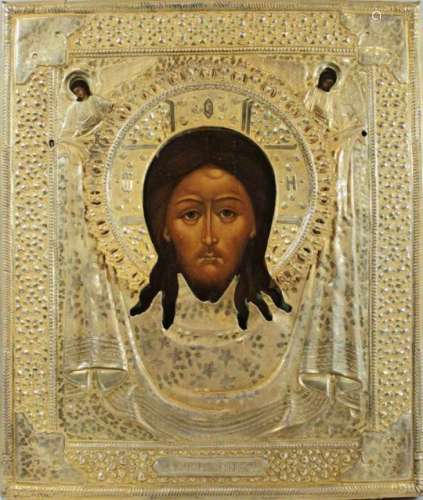 Das nicht von Menschenhand geschaffene Bild Christi, Ikone mit vergoldetem Silberoklad, Russland,