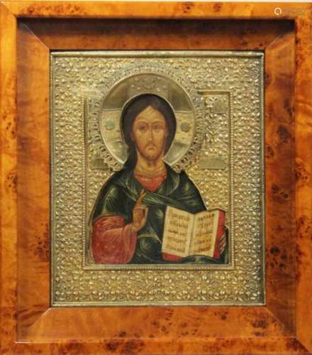 Christus Pantokrator, Ikone mit vergoldetem Silberoklad, im Kiot, Russland, Malerei 18. Jh.,