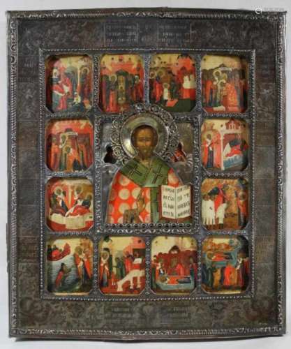 Heiliger Nikolaus der Wundertäter, Vita-Ikone mit Silberoklad, Russland, Malerei um 1800,