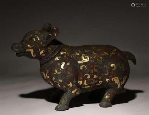 ANTIQUE GOLD/SILVER INLAID BRONZE FIGUER/PIG