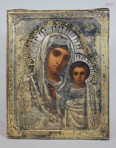 Gottesmutter von Kasan, Ikone mit vergoldetem Silberoklad, Russland, Moskau 19 Jh., Holztafel mit