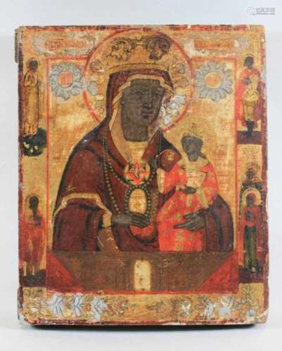 Gottesmutter von Tschenstochau mit Randheiligen, Ikone, Russland, 18 Jh., Holztafel mit zwei