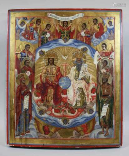 Neutestamentliche Dreifaltigkeit, Ikone, Russland, 19. Jahrh., Holztafel, zwei Rückseitensponki,