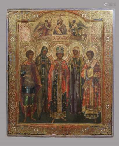 Patronatsikone mit fünf ausgewählten und Gottesmutter von Wladimir, Russland, 19. Jh., Holztafel,