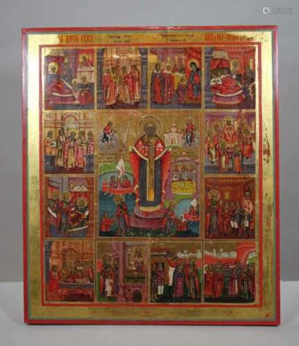 Heiliger Nikolaus von Moschaisk, Vita-Ikone, Russland, 18. Jh., Holztafel, Tempera auf Kreide- und