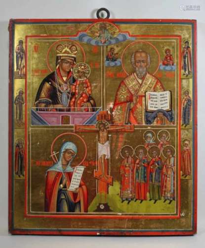 Vierfelder-Ikone mit der Kreuzigung Christi, Russland/ Ukraine, 19. Jh., Holztafel mit zwei