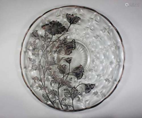 Runde Platte Art Deco, Glas mit Silberauflage am Rand und dem Blumendekor, sternförmiger Glasmuster,