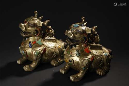 PAIR OF GILT BRONZE CENSER W/CORAL TURQUOISE INLAID