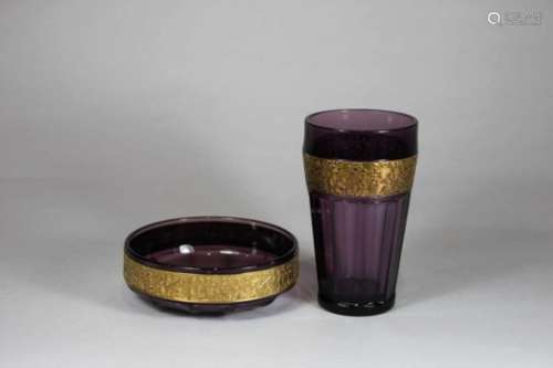 Art Deco Glas Moser, Becher und Schale mit goldfarbener Bordüre, Schale Durchmesser: 14,5 cm, Becher