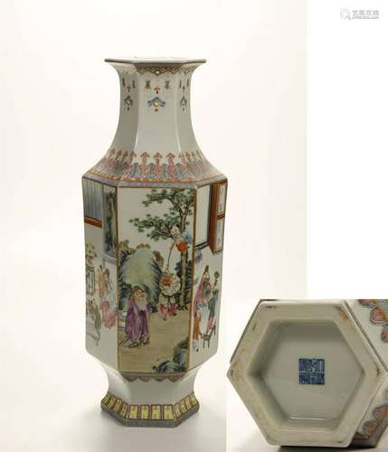 A FAMILLE ROSE HEXAGON STORY VASE